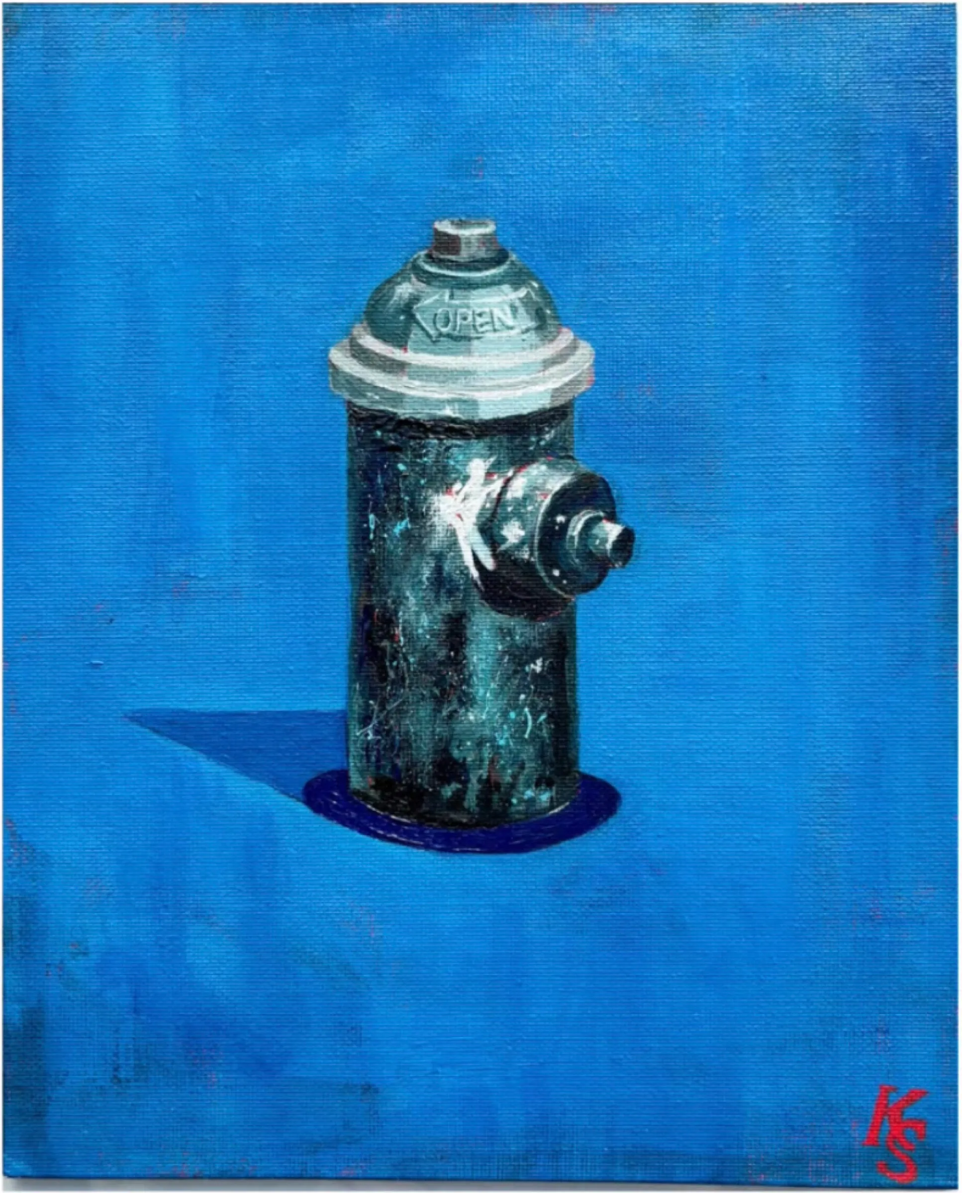 Urban Silence: Blue Hydrant — Acrylic on canvas board by Katya Studenaya
