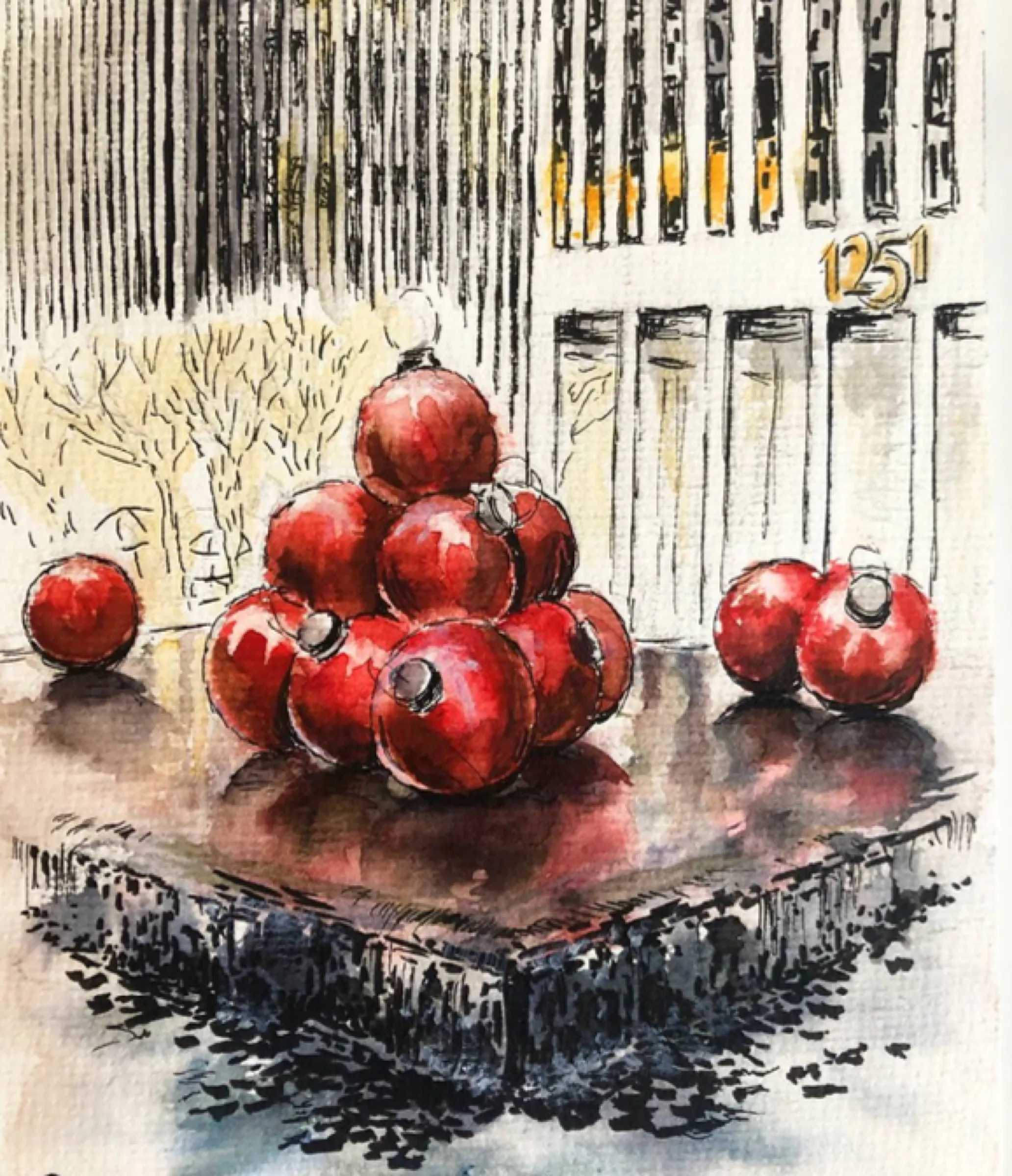 Christmas Balls, 1251 Sixth Ave — print — Watercolor and ink print by Katya Studenaya