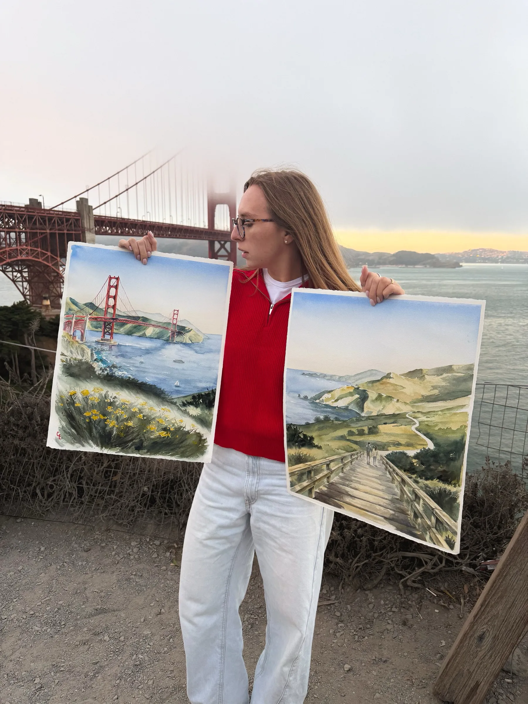 Katya Studenaya with her San Francisco View watercolor diptych