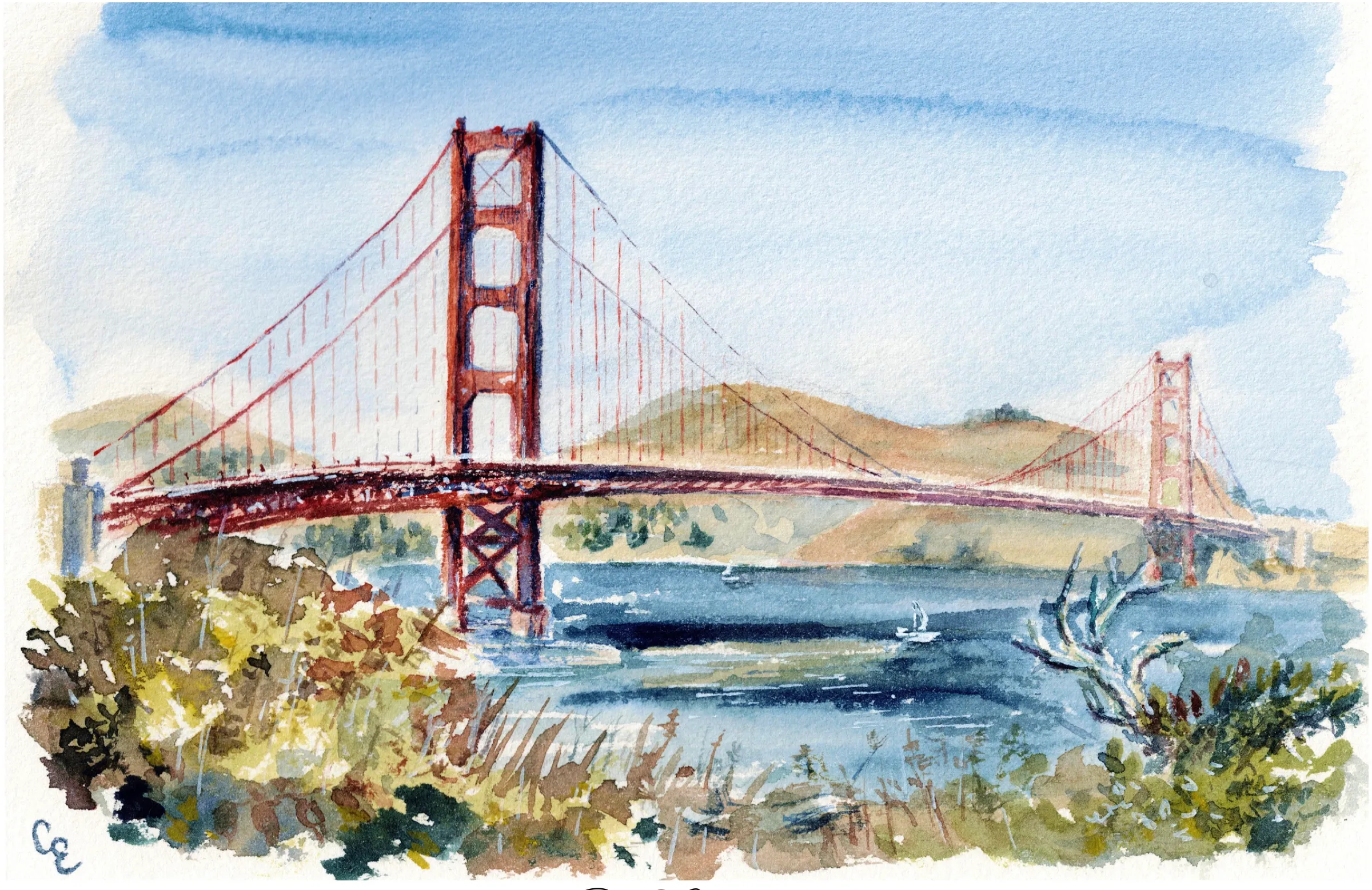 Golden Gate — print — Watercolor print, limited edition by Katya Studenaya
