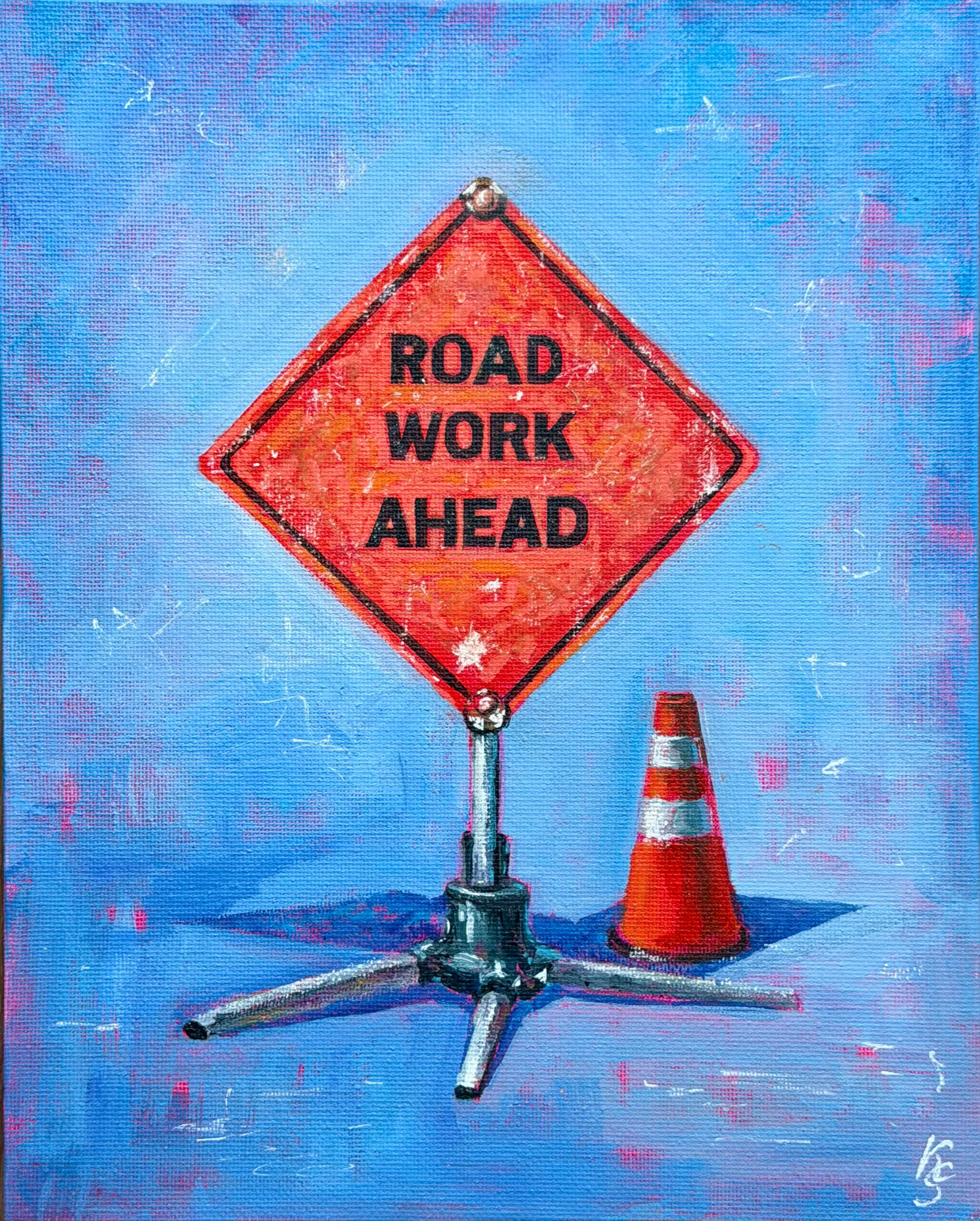 Urban Silence: Road Work Ahead — Acrylic on canvas board by Katya Studenaya